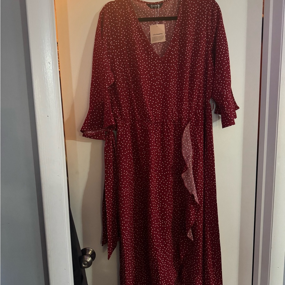 BloomChic Burgundy Polka Dot Long Sleeve Dress